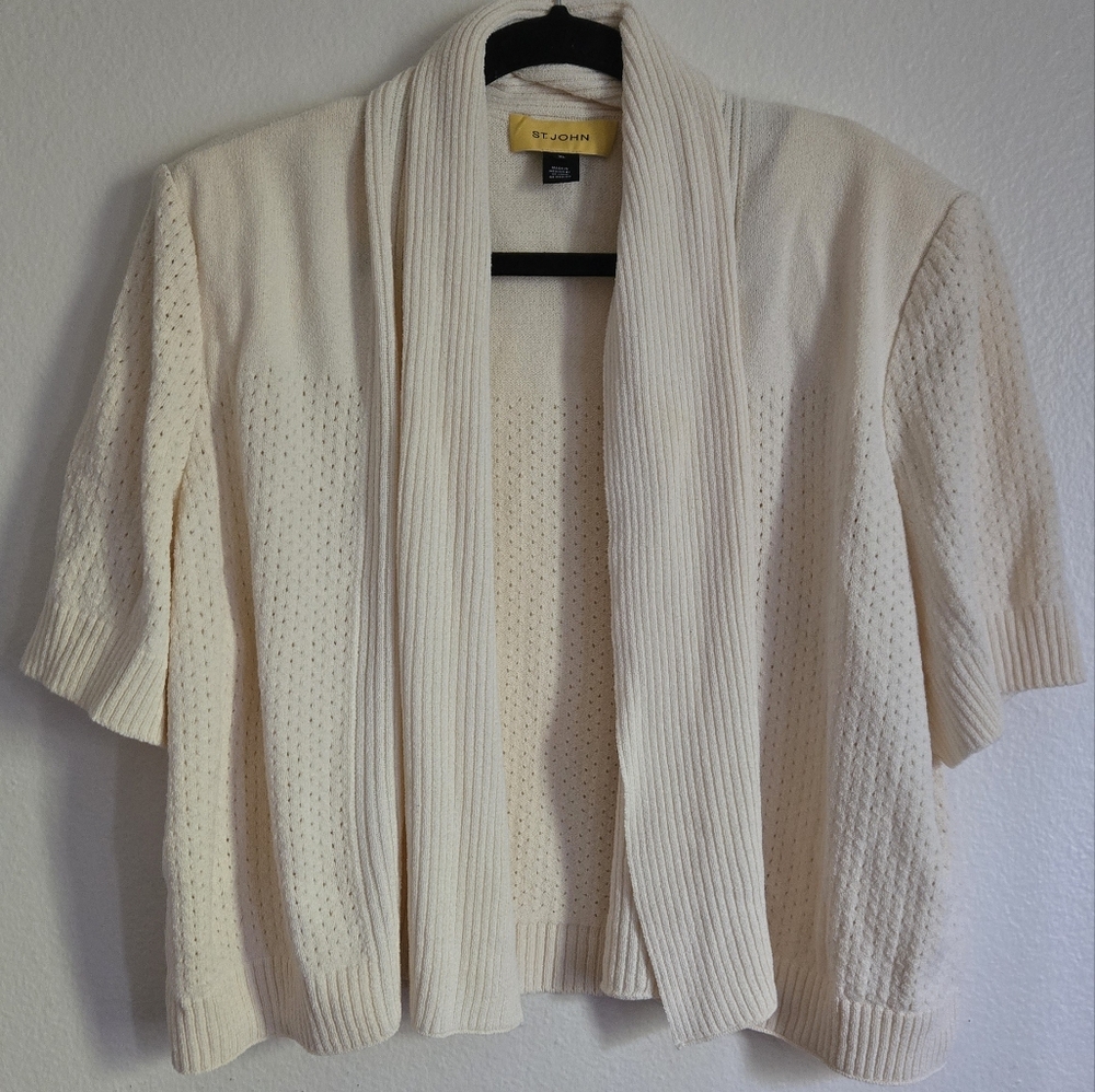 St. John Cream Open-Front Short-Sleeve Cardigan